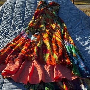 Vtg Riva Designs Y2K Orange Swirl Print Crystal Strapless  Prom Dress Size 14